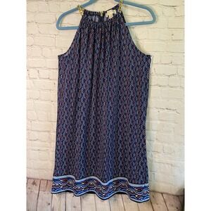 Michael Kors Blue and Red Patterned Long Sleeve Dress